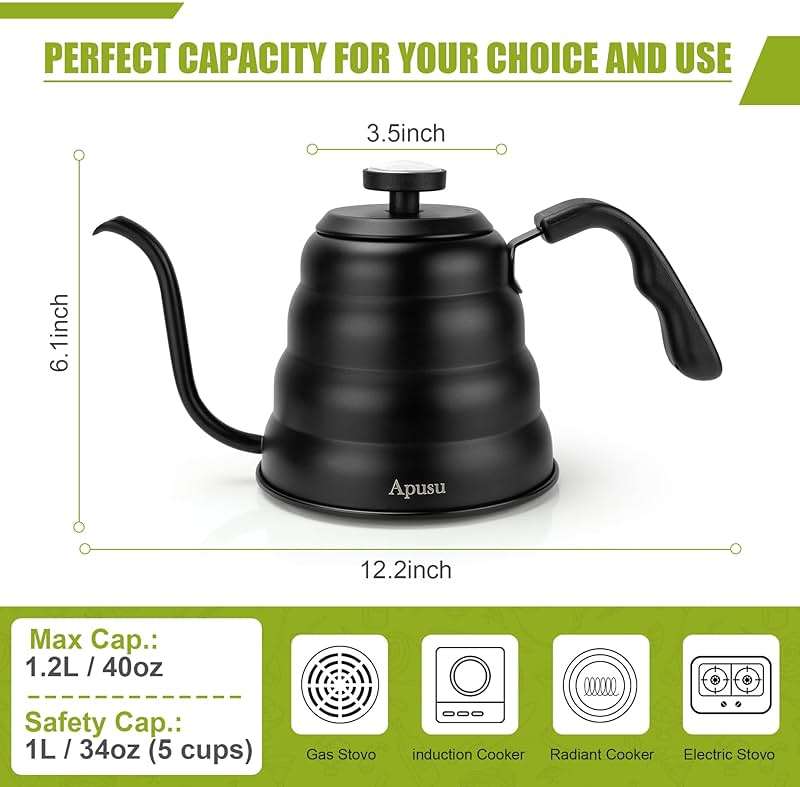 Tea Kettle with Thermometer Pot Black Stovetop Tea Kettle 40oz Gooseneck Kettle Teapot Pour Over Coffee Kettle with Thermometer,1200ml,5 Cup,Black,1Pack - Image 3