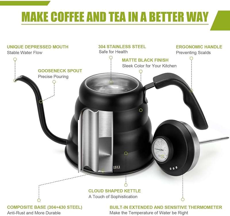 Tea Kettle with Thermometer Pot Black Stovetop Tea Kettle 40oz Gooseneck Kettle Teapot Pour Over Coffee Kettle with Thermometer,1200ml,5 Cup,Black,1Pack - Image 4