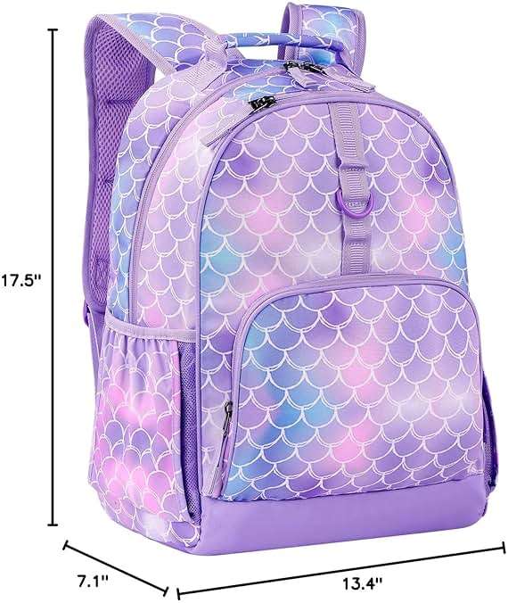 Choco Mocha Kids Backpack for Girls Mermaid Backpack Kids Elementary School Backpack for Girls Ages 6-8 Kid Bookbag 17 Inch with Chest Strap, Purple - Image 3