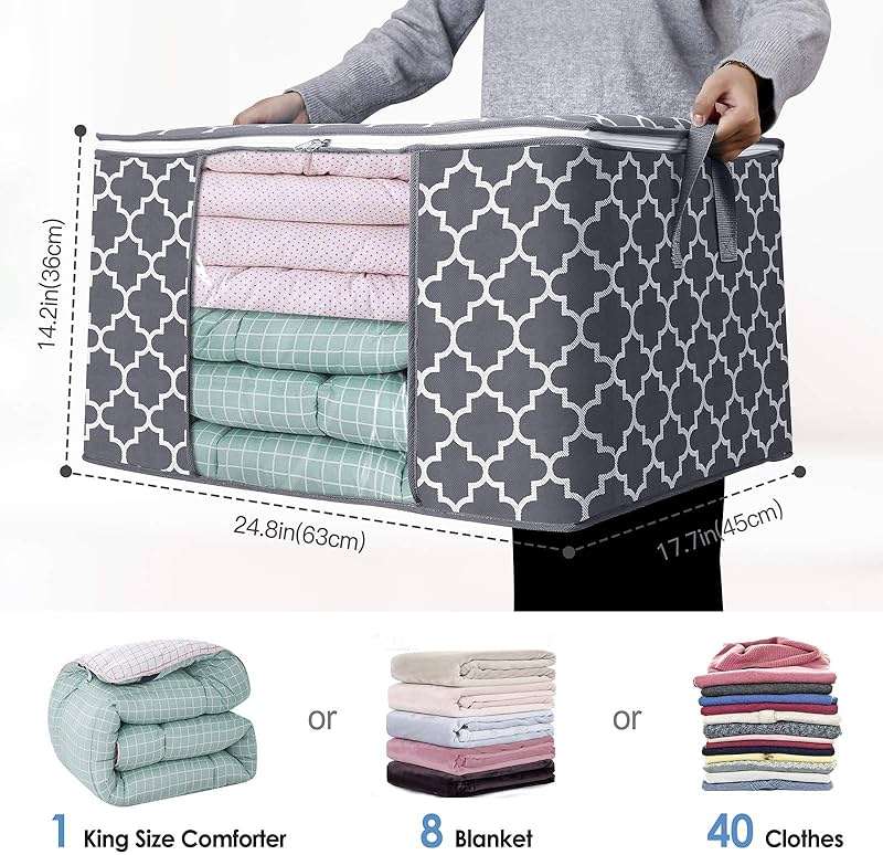 WISELIFE Storage Bags, Large Blanket Clothes Organization and Storage Containers for Bedding, Comforters, Foldable Organizer with Reinforced Handle, Clear Window,Sturdy Zippers,(Grey, 3 x 100L) - Image 3