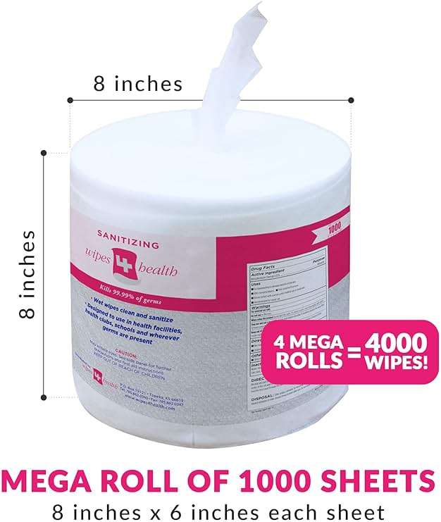 Wipes4Health Sanitizing Wipes: 4000 Unscented Wet Wipes (8" x 6"): 4 Refill Mega Rolls for Floor Stand, Wall Mounted and Bucket Dispensers - For Gyms, Fitness Clubs, Schools, Commercial Facilities - Image 4