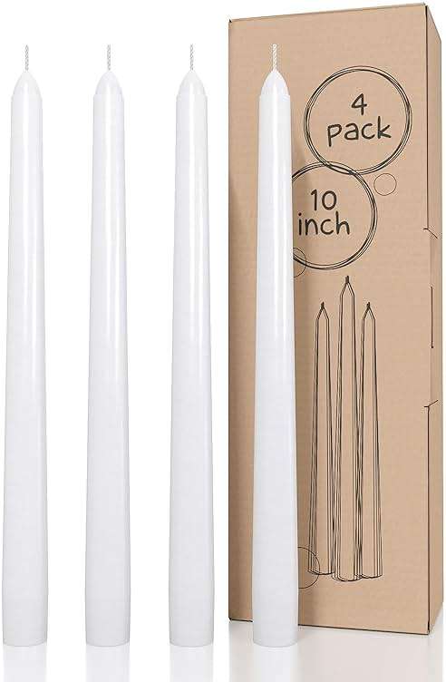 CANDWAX 10 inch White Taper Candles - White Candle Pack of 4 - Christmas Candle Tapers - Unscented Dripless Smokeless Long Burning Tall Candlesticks - Christmas Tapered Candles for Home Decor - Image 1