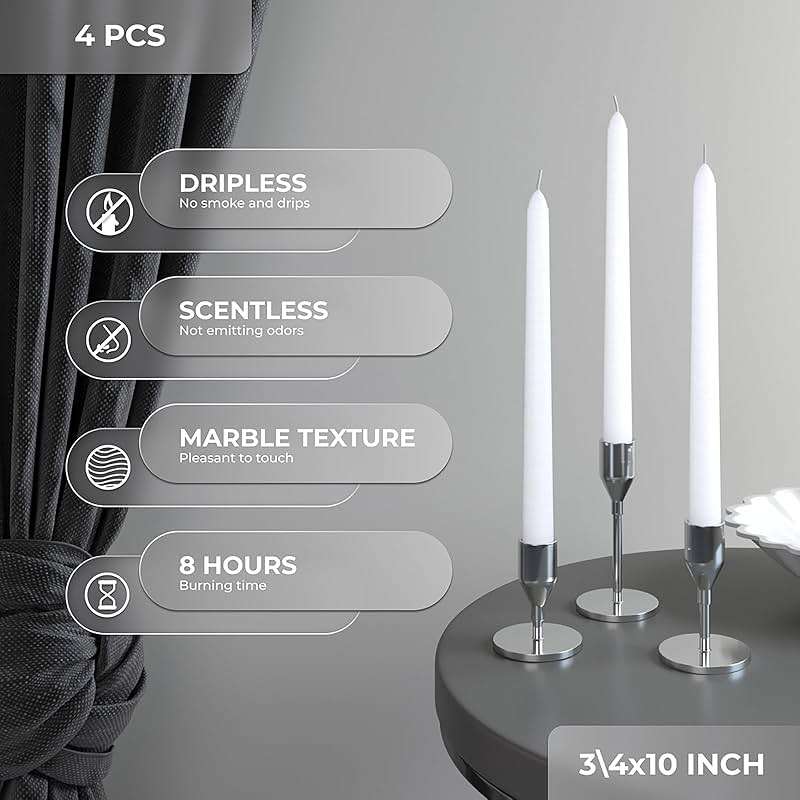 CANDWAX 10 inch White Taper Candles - White Candle Pack of 4 - Christmas Candle Tapers - Unscented Dripless Smokeless Long Burning Tall Candlesticks - Christmas Tapered Candles for Home Decor - Image 3
