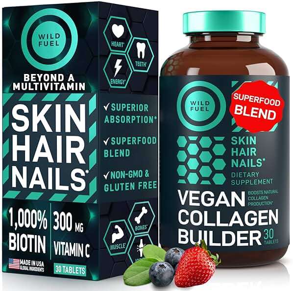 WILD FUEL Vegan Collagen Builder - Biotin, Organic Superfood, Amino Acids Glycine, Lysine, Proline Plant-Based Collagen Booster Supplements - 30 Organic Extract Tablets - Image 1