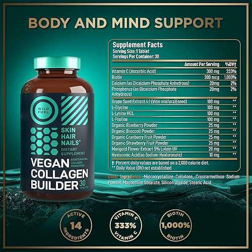 WILD FUEL Vegan Collagen Builder - Biotin, Organic Superfood, Amino Acids Glycine, Lysine, Proline Plant-Based Collagen Booster Supplements - 30 Organic Extract Tablets - Image 3