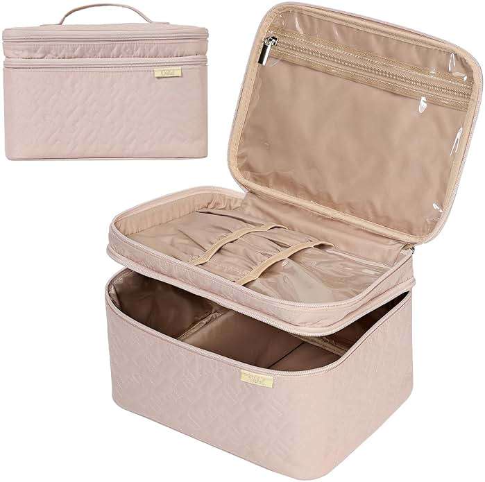 NISHEL Large Double Layer Travel Makeup Bag Women, Cosmetic Case, Organizer for Travel-Size Accessories Bottles, Brushes, Conditioner, and Skin Care Products, Pink - Image 1
