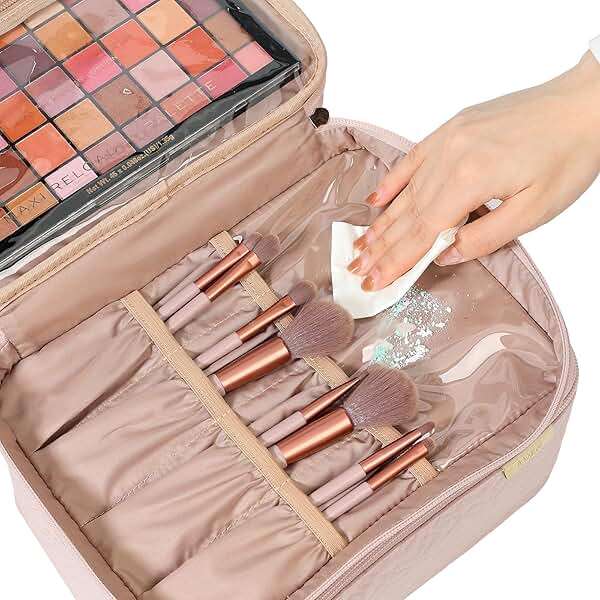 NISHEL Large Double Layer Travel Makeup Bag Women, Cosmetic Case, Organizer for Travel-Size Accessories Bottles, Brushes, Conditioner, and Skin Care Products, Pink - Image 4