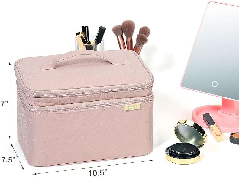 NISHEL Large Double Layer Travel Makeup Bag Women, Cosmetic Case, Organizer for Travel-Size Accessories Bottles, Brushes, Conditioner, and Skin Care Products, Pink - Image 6