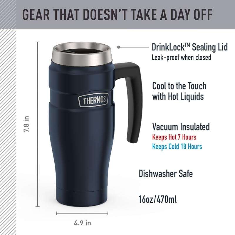 THERMOS Stainless King Vacuum-Insulated Travel Mug with Handle - 16oz, Midnight Blue - Thermos Tumbler for Hot & Cold Drinks - Leak & Sweat-Proof Stainless Steel Coffee Mug with Lid for Commuting - Image 2