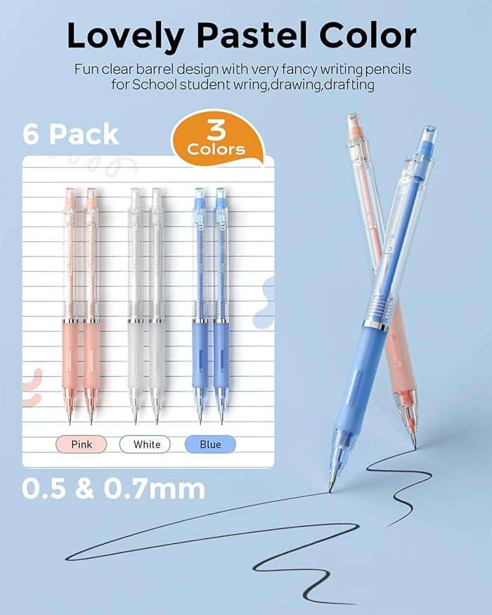 Nicpro 23PCS Pastel Mechanical Pencil 0.5 & 0.7 mm with Case for School, with 12 tubes HB Lead Refills, 3 Erasers, 9 Eraser Refills For Student Writing, Drawing, Sketching, Blue & Pink & White Colors - Image 3