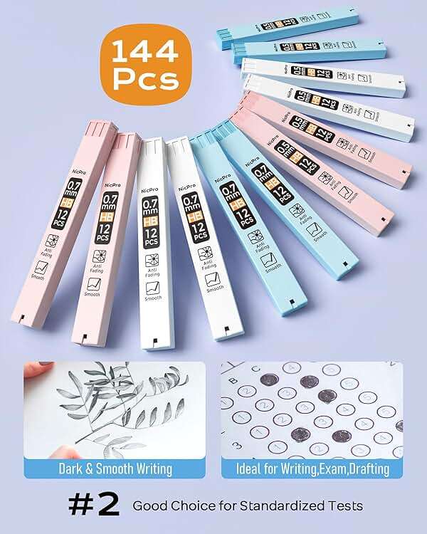 Nicpro 23PCS Pastel Mechanical Pencil 0.5 & 0.7 mm with Case for School, with 12 tubes HB Lead Refills, 3 Erasers, 9 Eraser Refills For Student Writing, Drawing, Sketching, Blue & Pink & White Colors - Image 4