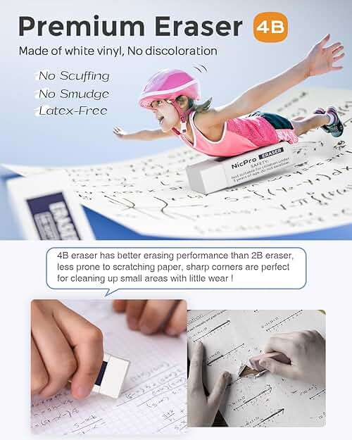 Nicpro 23PCS Pastel Mechanical Pencil 0.5 & 0.7 mm with Case for School, with 12 tubes HB Lead Refills, 3 Erasers, 9 Eraser Refills For Student Writing, Drawing, Sketching, Blue & Pink & White Colors - Image 5