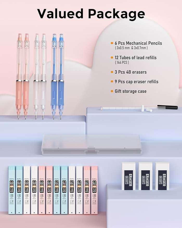 Nicpro 23PCS Pastel Mechanical Pencil 0.5 & 0.7 mm with Case for School, with 12 tubes HB Lead Refills, 3 Erasers, 9 Eraser Refills For Student Writing, Drawing, Sketching, Blue & Pink & White Colors - Image 7