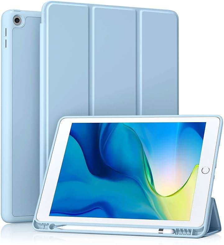 Akkerds Case Compatible with iPad 10.2 Inch 2021/2020/2019, for iPad 9th/8th/7th Generation Case with Pencil Holder, Protective with Soft TPU Back, Auto Sleep/Wake Cover, Sky Blue - Image 1