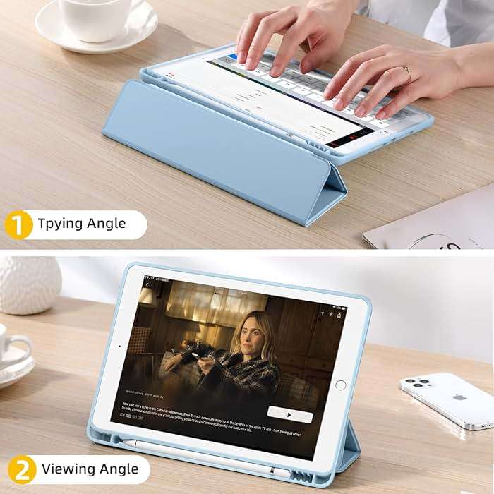 Akkerds Case Compatible with iPad 10.2 Inch 2021/2020/2019, for iPad 9th/8th/7th Generation Case with Pencil Holder, Protective with Soft TPU Back, Auto Sleep/Wake Cover, Sky Blue - Image 6