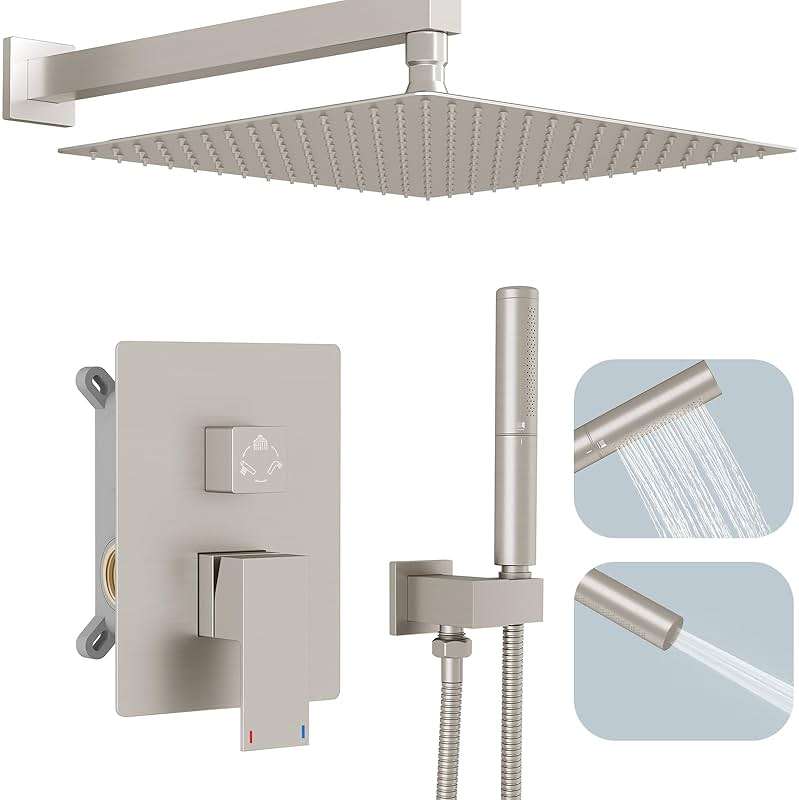 Hoimpro 12 Inch Shower System Set Bathroom Rain Shower Head Brass 2 In 1 Handheld Sprayer Wall Mounted, Rainfall Shower Faucet Spray Fixture Valve Kits Combo Showerhead, Brushed Nickel - Image 1