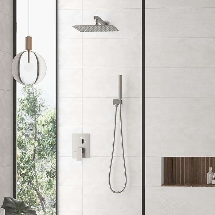 Hoimpro 12 Inch Shower System Set Bathroom Rain Shower Head Brass 2 In 1 Handheld Sprayer Wall Mounted, Rainfall Shower Faucet Spray Fixture Valve Kits Combo Showerhead, Brushed Nickel - Image 2