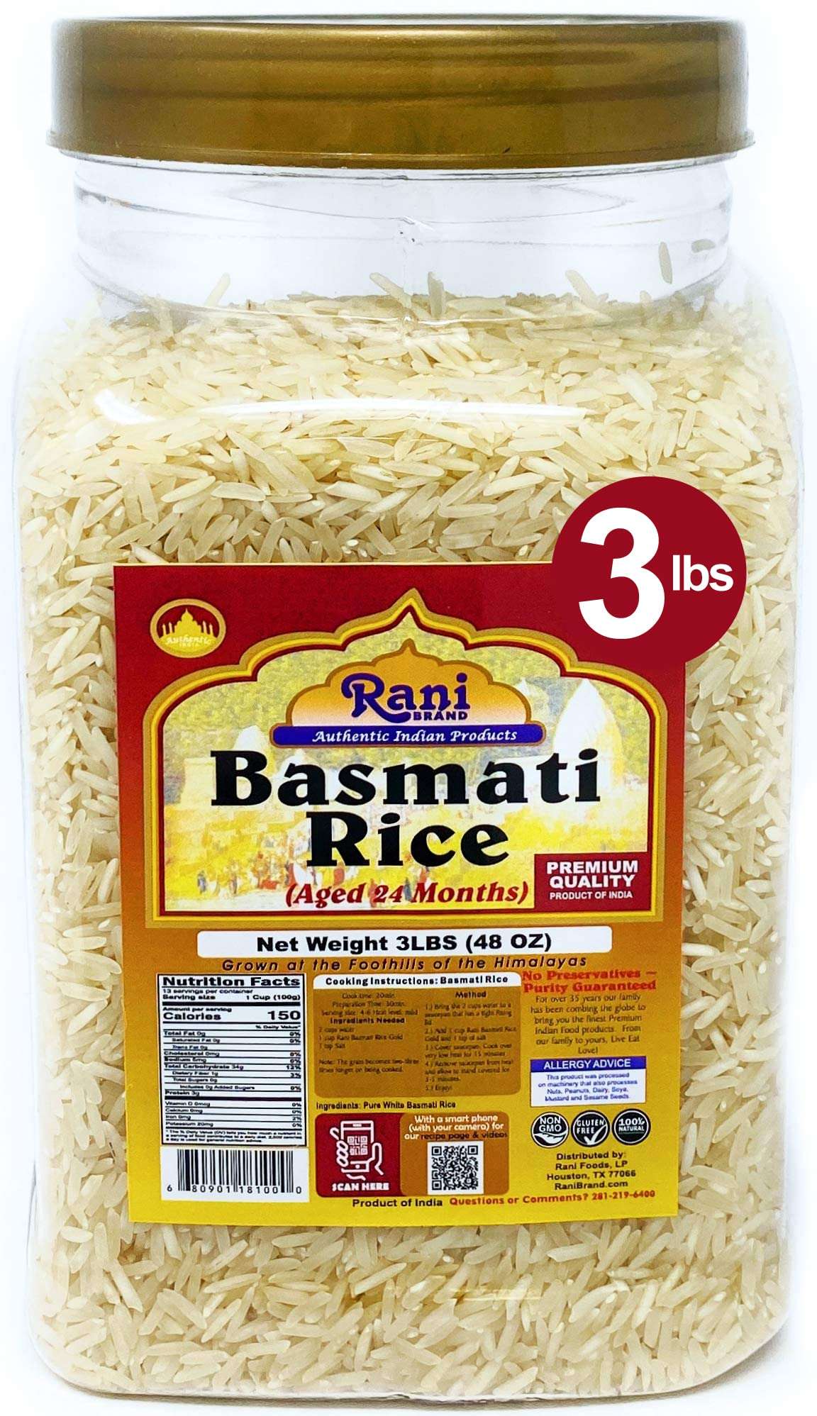 Rani Platinum White Basmati Rice Extra Long Aged 48oz (3lbs) 1.36kg PET Jar ~ All Natural | Gluten Friendly | Vegan | Indian Origin | Export Quality - Image 1