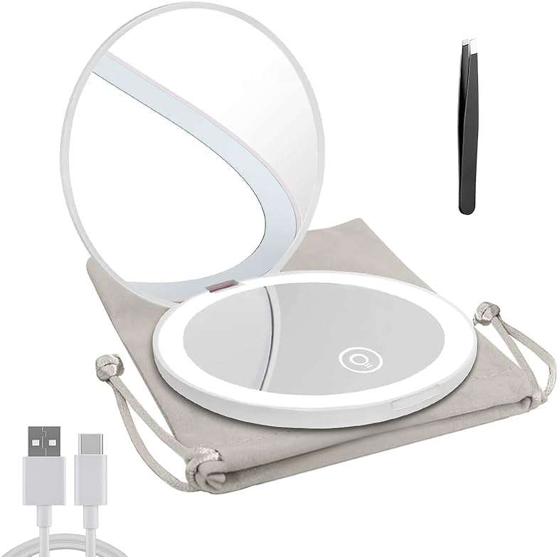 Milishow Compact Mirror with LED Light,1x/10x Magnifying Rechargeable Mirror,3.5in, Dimmable Travel Mirror for Purse,Pocket,Handheld 2-Sided Makeup Mirror - Image 1