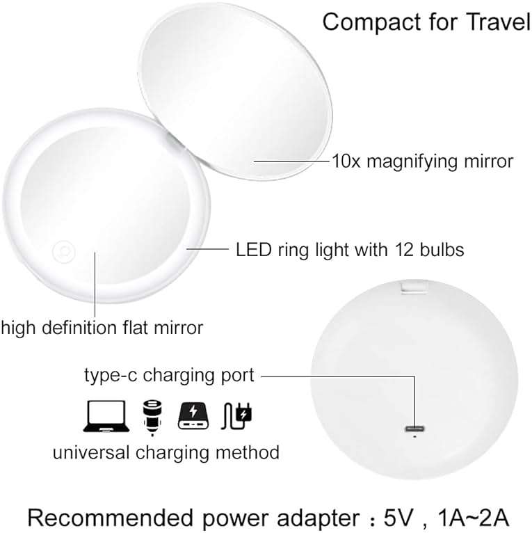 Milishow Compact Mirror with LED Light,1x/10x Magnifying Rechargeable Mirror,3.5in, Dimmable Travel Mirror for Purse,Pocket,Handheld 2-Sided Makeup Mirror - Image 6