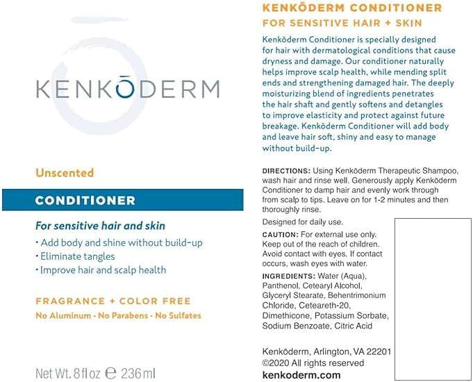 Kenkoderm Conditioner for Sensitive Hair & Skin with 3 Percent Salicylic Acid, Anti-Dandruff Deep Moisturizer for Itchy or Dry Scalp Relief, Color & Fragrance Free, 8-Ounce Tube - Image 7
