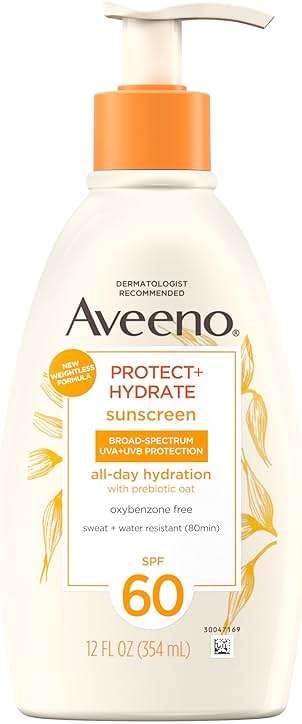 Aveeno Protect + Hydrate Sunscreen Lotion for Body & Face with Prebiotic Oat, SPF 60 Broad Spectrum Sunscreen, Paraben, & Oil Free, Water & Sweat Resistant (80-min) for Sensitive Skin, 12 FI Oz - Image 1