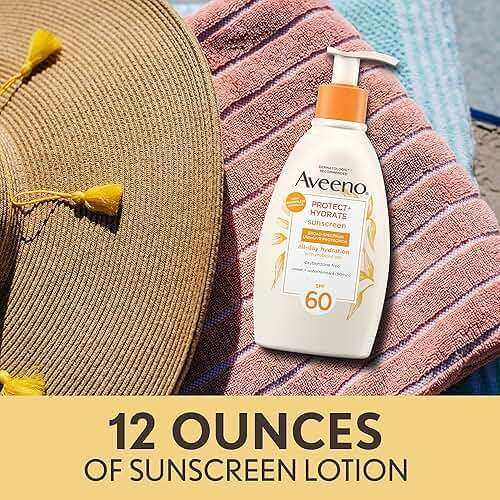 Aveeno Protect + Hydrate Sunscreen Lotion for Body & Face with Prebiotic Oat, SPF 60 Broad Spectrum Sunscreen, Paraben, & Oil Free, Water & Sweat Resistant (80-min) for Sensitive Skin, 12 FI Oz - Image 3