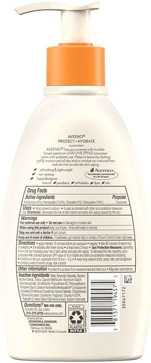 Aveeno Protect + Hydrate Sunscreen Lotion for Body & Face with Prebiotic Oat, SPF 60 Broad Spectrum Sunscreen, Paraben, & Oil Free, Water & Sweat Resistant (80-min) for Sensitive Skin, 12 FI Oz - Image 7