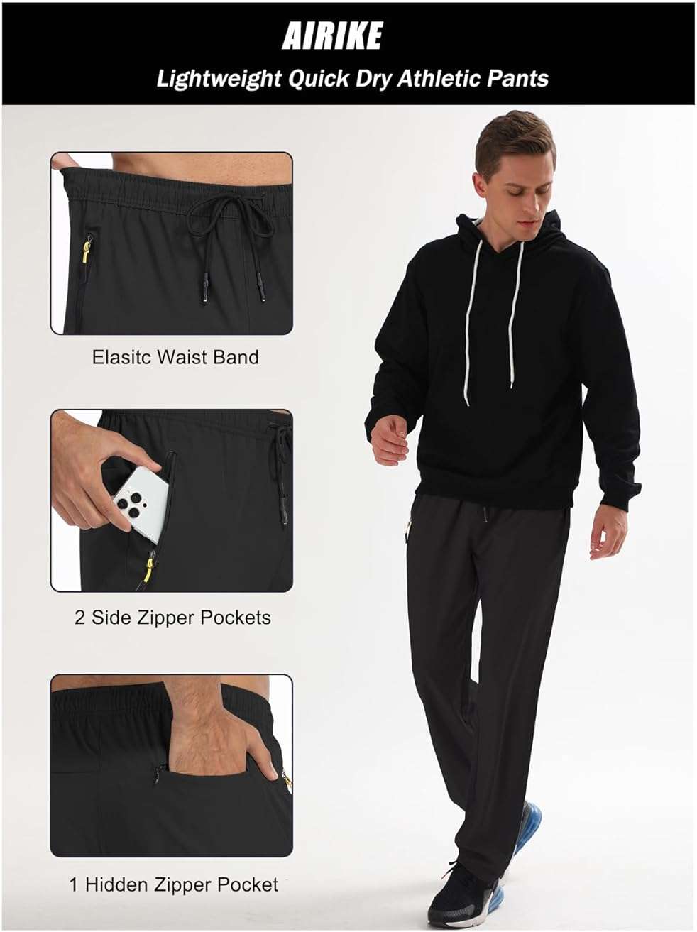 Men's Elastic Waist Hiking Pants Water Resistant Quick-Dry Lightweight Outdoor Sweatpants with Zipper Pockets - Image 3