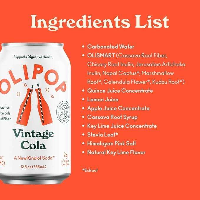 OLIPOP Prebiotic Soda Pop, Vintage Cola, A New Kind of Soda Packed with Prebiotics, Fiber, and Botanicals, Gluten Free, GMO Free, 12oz (12-Cans) - Image 6