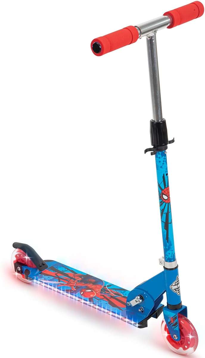 Huffy Light Up Inline Scooter for Kids, 2 Wheel Kick Scooter with LED Lights and Rear Brake, Foldable, Adjustable Handlebar on Select Models, Durable Frame, Licensed Character Graphics - Image 1