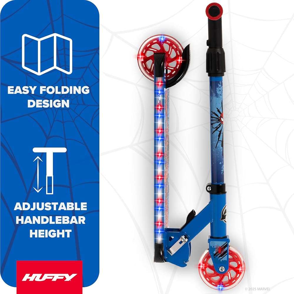 Huffy Light Up Inline Scooter for Kids, 2 Wheel Kick Scooter with LED Lights and Rear Brake, Foldable, Adjustable Handlebar on Select Models, Durable Frame, Licensed Character Graphics - Image 3