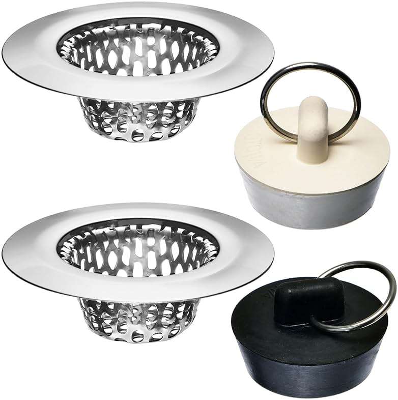 4 Pcs - Bathroom Sink Strainers and Stopper Plug (Use Separately) - 2.125" Top / 1" Basket, Stainless Steel Strainers and Rubber Plug Stopper for Standard Bathroom, Utility, Slop and RV Sink. - Image 1