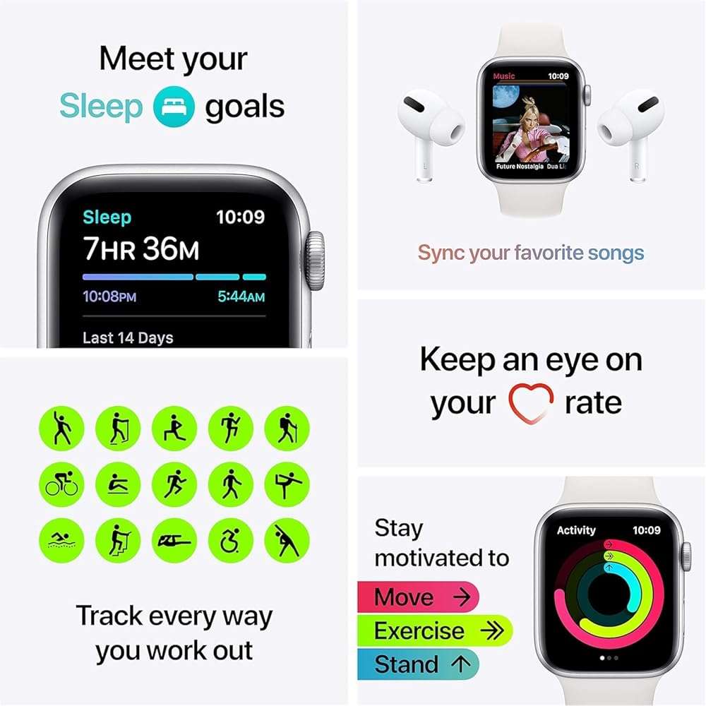 Apple Watch SE (GPS, 40mm) - Silver Aluminum Case with White Sport Band (Renewed) - Image 5