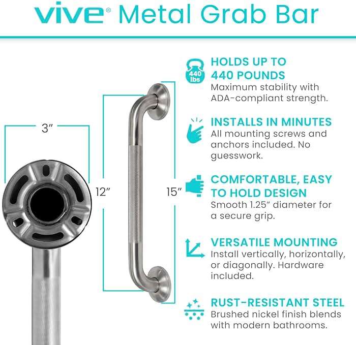 Vive Shower Bars for Elderly - Grab Bar Bathroom Antislip Handrail for Seniors, Elderly Assistance Product, Heavy Duty Shower Handles, Handicap, Stainless Steel, Multipurpose, 440 lbs - Image 4