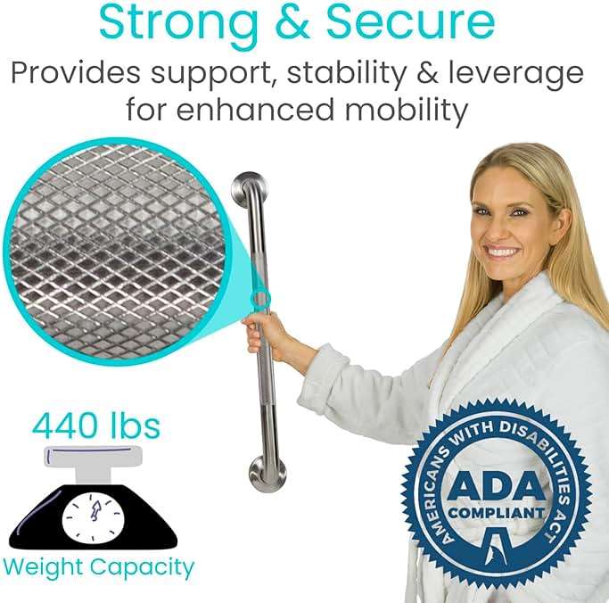 Vive Shower Bars for Elderly - Grab Bar Bathroom Antislip Handrail for Seniors, Elderly Assistance Product, Heavy Duty Shower Handles, Handicap, Stainless Steel, Multipurpose, 440 lbs - Image 5