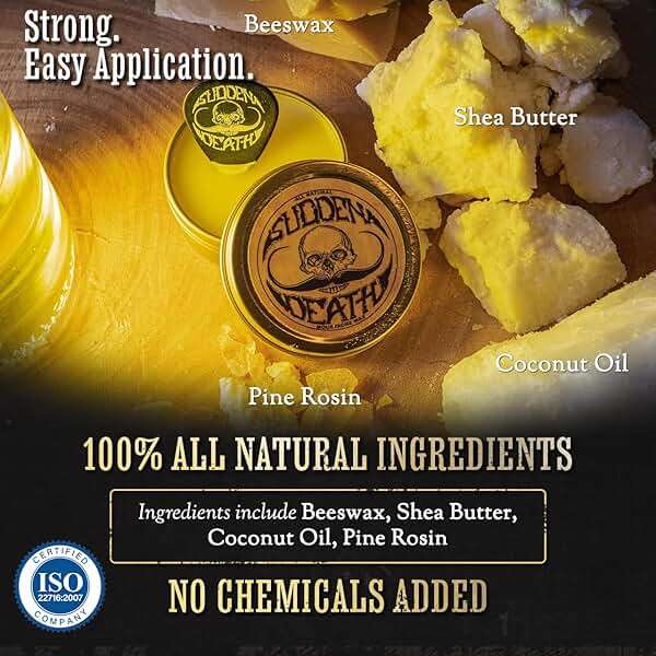 Mustache Wax Strong Hold Grooming For Men | Sudden Death Moustache & Beard Wax 1oz Tin | Perfect For Handlebar Mustaches By Death Grip | No Heat Source Required - Image 4