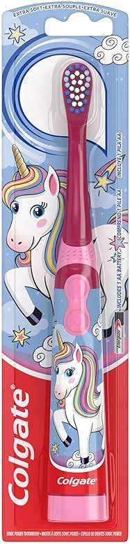 Colgate Kids Battery Powered Toothbrush, Kids Battery Toothbrush with Included AA Battery, Extra Soft Bristles, Flat-Laying Handle to Prevent Rolling, Unicorn Toothbrush, 1 Pack - Image 1