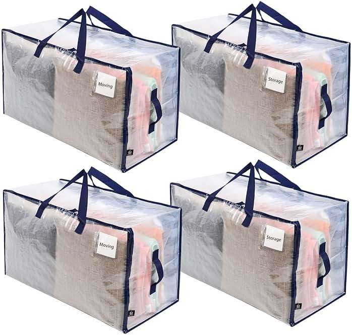 VENO 4 Pack Clear Extra Large Moving Bags & Storage Totes, Heavy Duty Organizer with Reinforced Handles & Strong Zippers for Clothes, College Dorm Essentials, Moving Supplies - Image 1