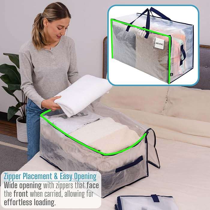 VENO 4 Pack Clear Extra Large Moving Bags & Storage Totes, Heavy Duty Organizer with Reinforced Handles & Strong Zippers for Clothes, College Dorm Essentials, Moving Supplies - Image 3