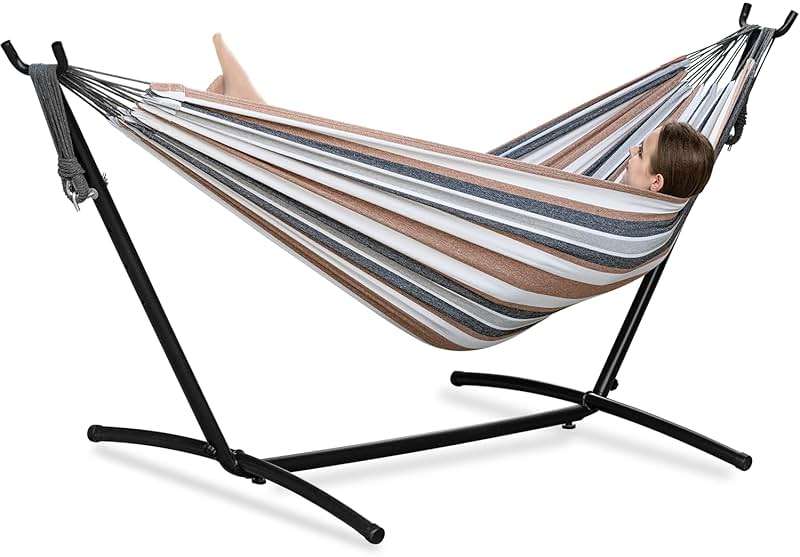 PNAEUT Double Hammocks with Stand for Outside, Portable Space Saving Heavy-Duty Steel Frame for Indoor Outdoor Patio Yard, Easy Assembly, 2 Person 450 lbs Capacity (Coffee) - Image 1