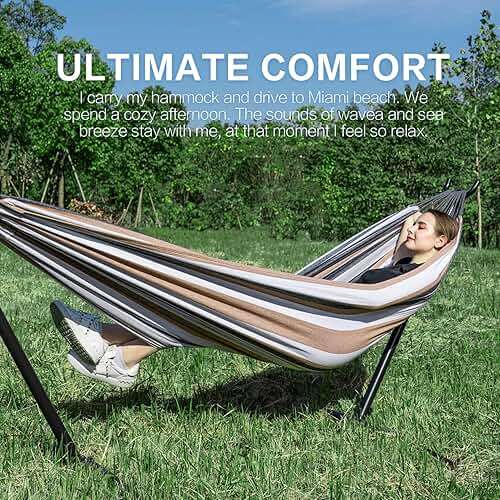 PNAEUT Double Hammocks with Stand for Outside, Portable Space Saving Heavy-Duty Steel Frame for Indoor Outdoor Patio Yard, Easy Assembly, 2 Person 450 lbs Capacity (Coffee) - Image 3