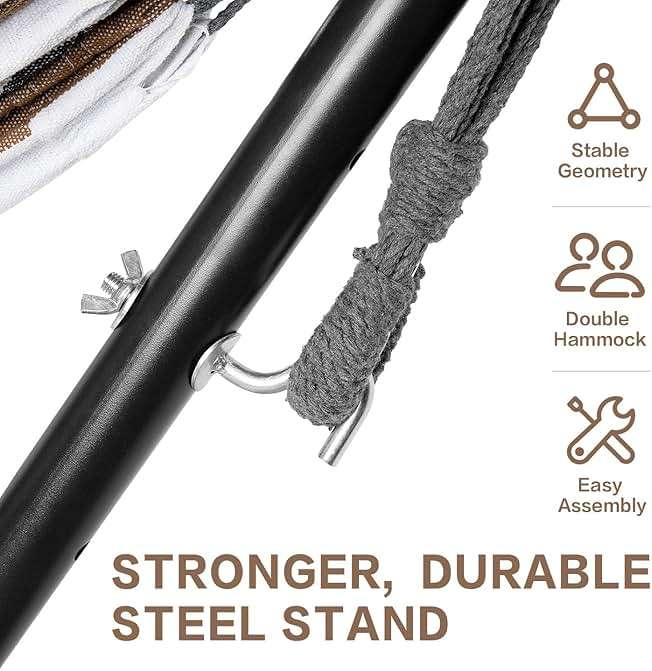 PNAEUT Double Hammocks with Stand for Outside, Portable Space Saving Heavy-Duty Steel Frame for Indoor Outdoor Patio Yard, Easy Assembly, 2 Person 450 lbs Capacity (Coffee) - Image 5