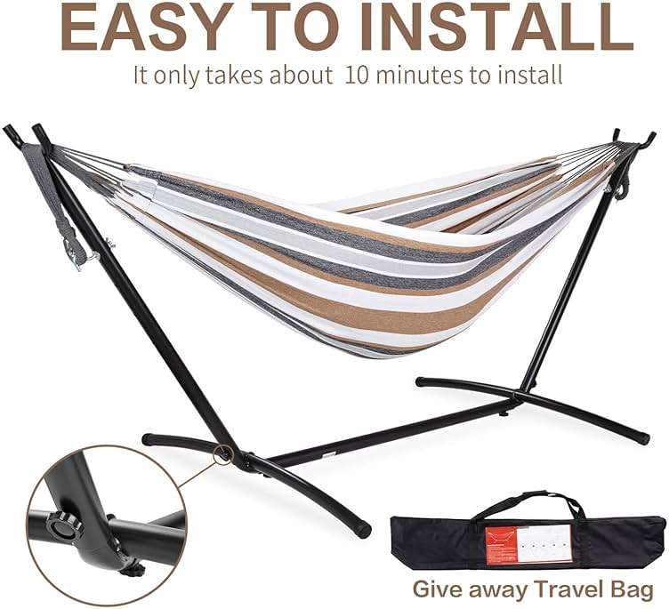 PNAEUT Double Hammocks with Stand for Outside, Portable Space Saving Heavy-Duty Steel Frame for Indoor Outdoor Patio Yard, Easy Assembly, 2 Person 450 lbs Capacity (Coffee) - Image 6