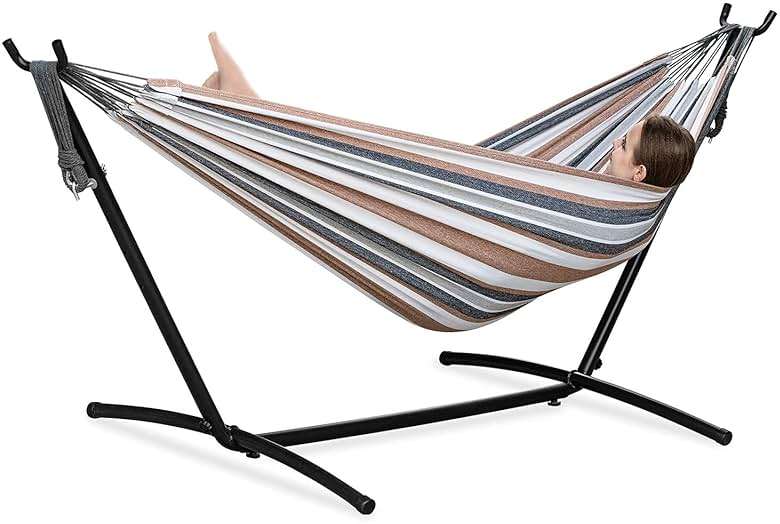 PNAEUT Double Hammocks with Stand for Outside, Portable Space Saving Heavy-Duty Steel Frame for Indoor Outdoor Patio Yard, Easy Assembly, 2 Person 450 lbs Capacity (Coffee) - Image 7