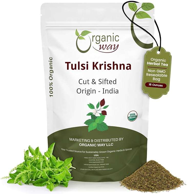 Organic Way Tulsi/Holy Basil (Krishna) Cut & Sifted (Ocimum Tenuiflorum) - Herbal Tea | Organic & Kosher Certified | Raw, Vegan, Non GMO & Gluten Free | USDA Certified | Origin - India | 1LB / 16Oz - Image 1