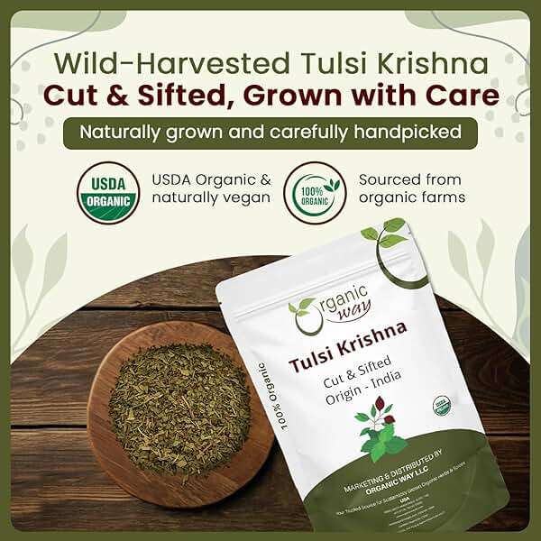 Organic Way Tulsi/Holy Basil (Krishna) Cut & Sifted (Ocimum Tenuiflorum) - Herbal Tea | Organic & Kosher Certified | Raw, Vegan, Non GMO & Gluten Free | USDA Certified | Origin - India | 1LB / 16Oz - Image 2