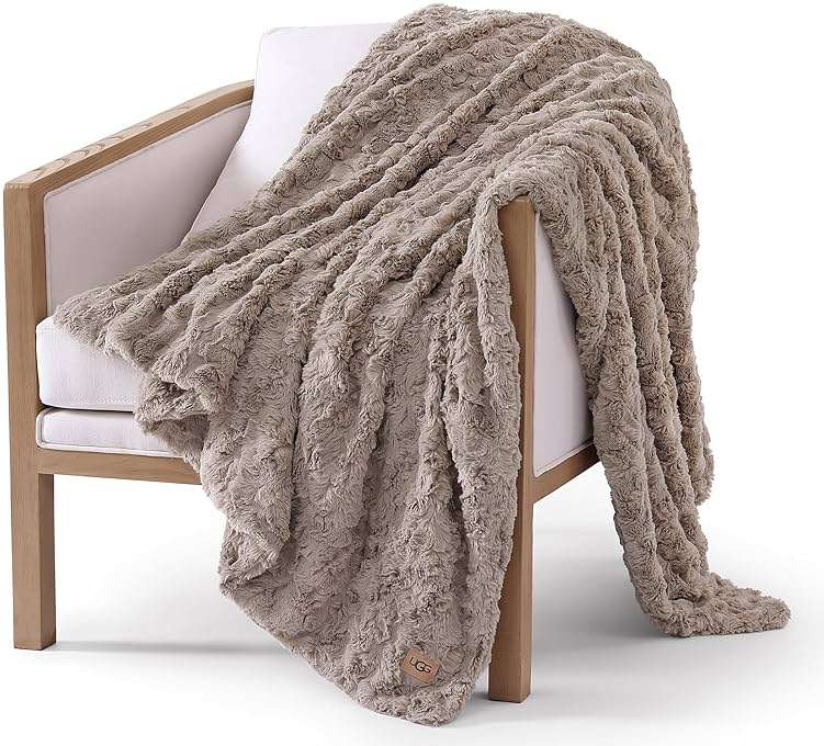 UGG Adalee Faux Fur Throw Blanket, Luxury Cozy Fluffy Blanket for Living Room or Bedroom, Decorative Double-Sided Fuzzy Throw, Machine Washable Spring Decor, 50-inch x 70-inch, Oyster Brown - Image 1