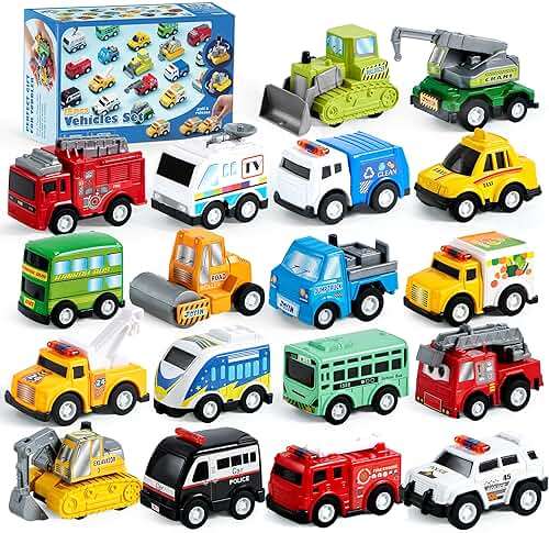 JOYIN 18 Pcs Pull Back City Cars and Trucks Toy Vehicles Set, Friction Powered Cars Toys for Toddlers, Kids Stocking Stuffers, Treasure Box Gifts for Classroom, Christmas Great Gifts for Grandkids - Image 1