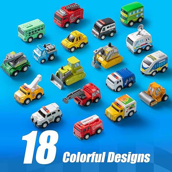 JOYIN 18 Pcs Pull Back City Cars and Trucks Toy Vehicles Set, Friction Powered Cars Toys for Toddlers, Kids Stocking Stuffers, Treasure Box Gifts for Classroom, Christmas Great Gifts for Grandkids - Image 3